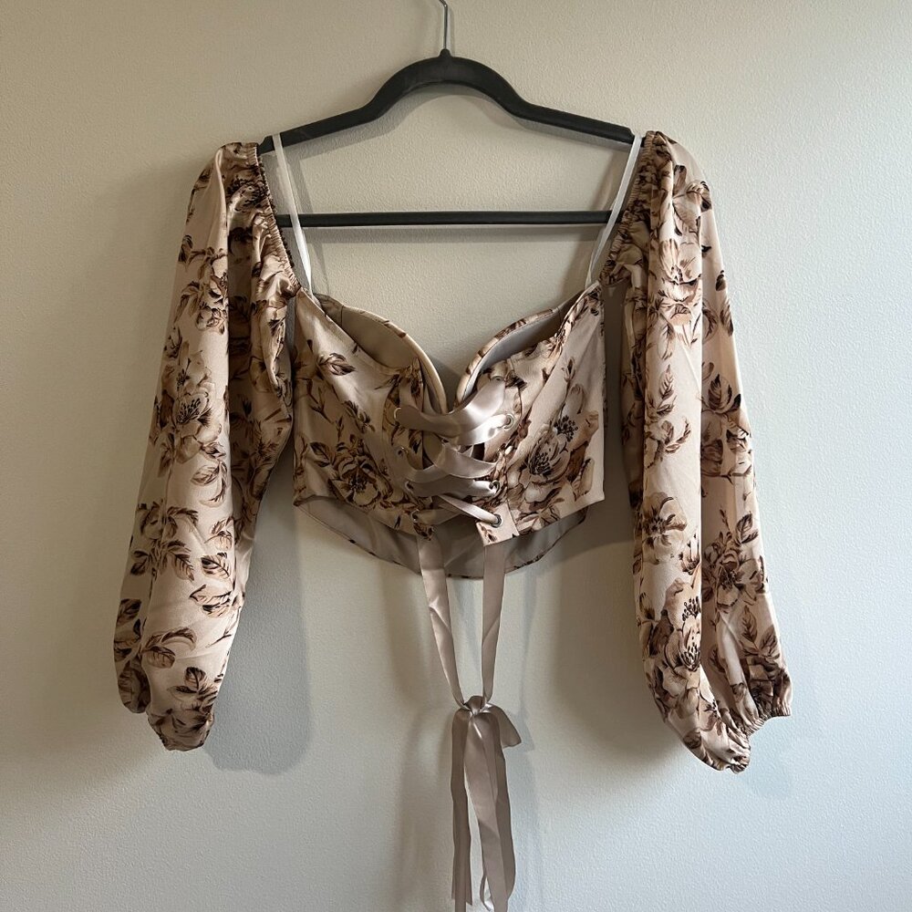 Beige floral bustier top with lace-up back - Picture 3 of 4